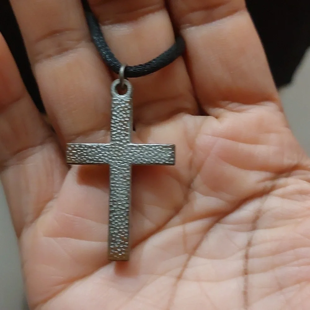 Silver Tone Pendant Paved with Black Rhinestones on Black Cord Necklace - Picture 5 of 6